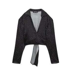 NWT ZARA Black and White Polka Dot Long Sleeve Satin Wrap Blouse Size S